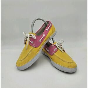 RALPH LAUREN POLO Shoes Women's Size 7.5 Canvas Deck Yellow Pink Slip On Casual